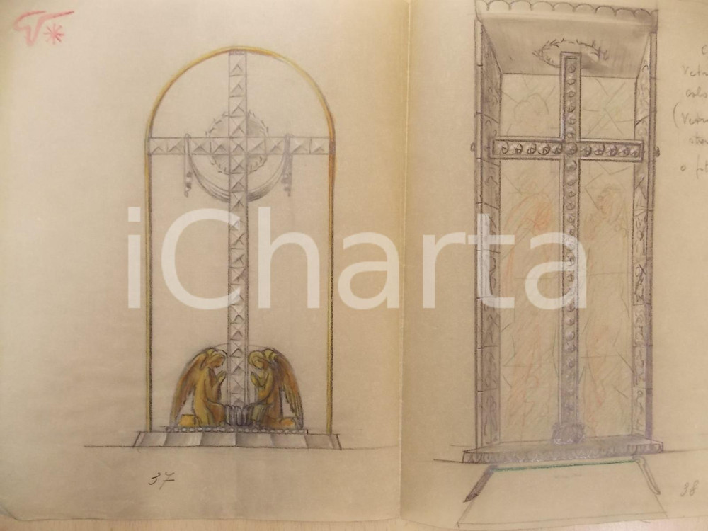 Stampa, bozzetto originale 1935 ca MILANO Studio per vetrata religiosa a colori Bozzetto DISEGNATO A MANO 1