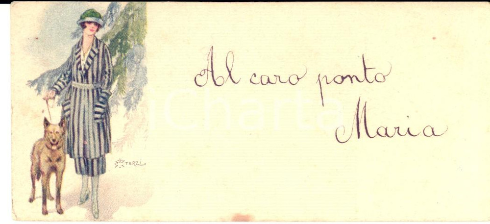 Documento originale, autentico 1920 ca COSTUME Donna a passeggio con il cane Cartoncino ill. TERZI 13x6 cm 1