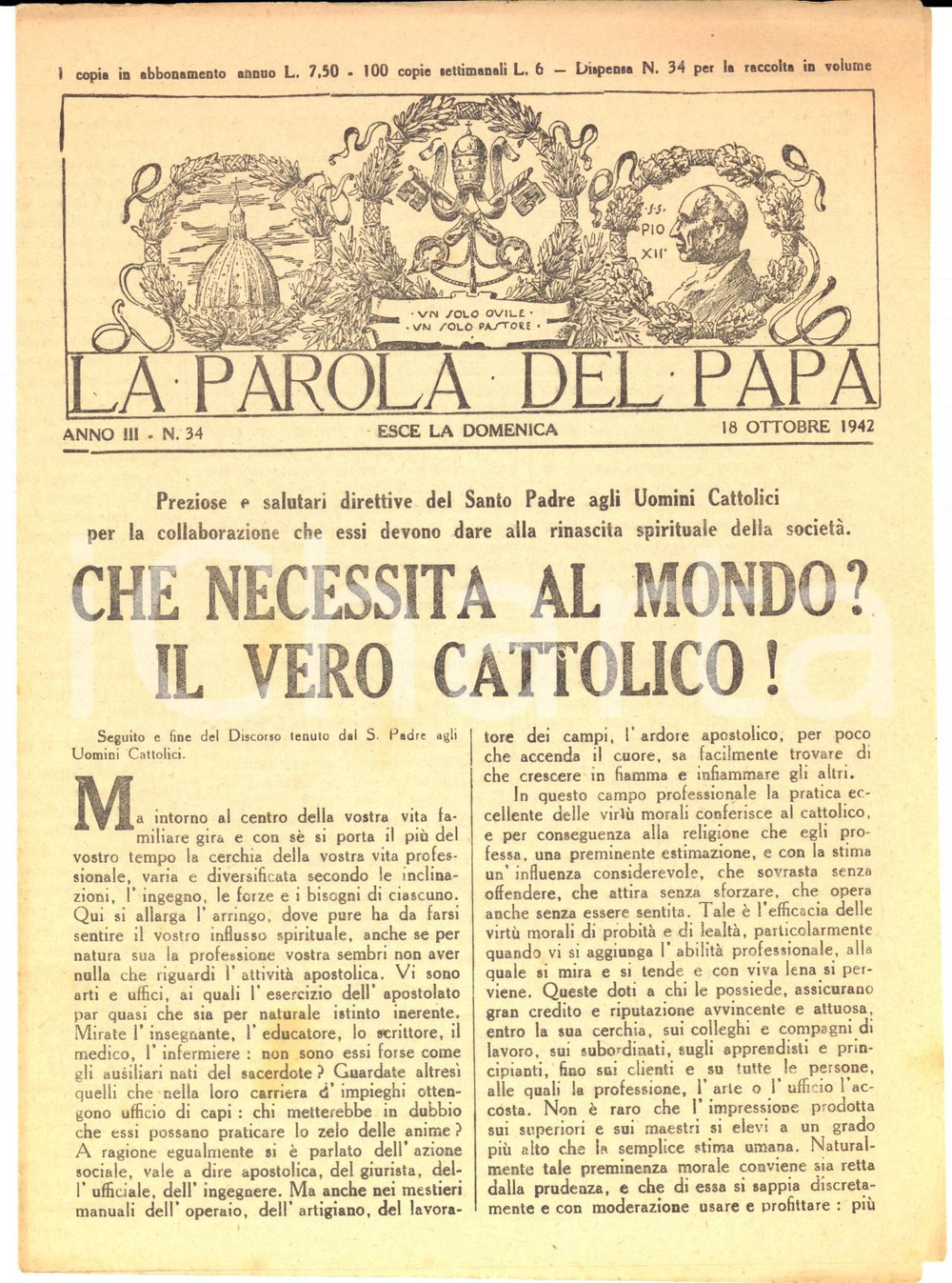 Giornale, rivista storica 1942 LA PAROLA DEL PAPA Discorso agli uomini cattolici Anno III nÂ°34 1