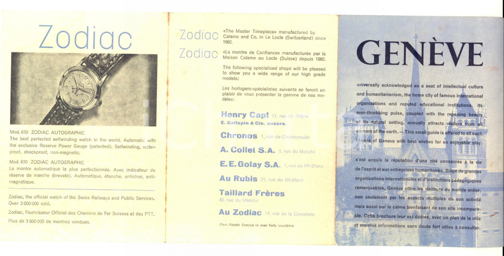 Materiale pubblicitario d’epoca 1950 ca GINEVRA CH Pieghevole turistico con mappa Orologi ZODIAC 1