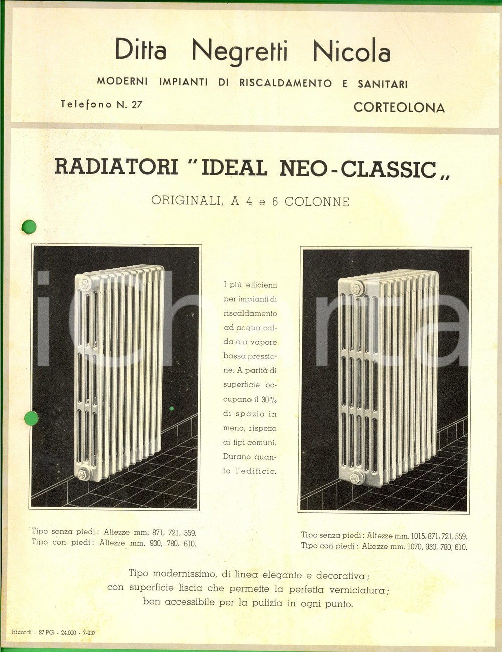 Materiale pubblicitario d’epoca 1940 ca CORTEOLONA Ditta Nicola NEGRETTI Radiatori IDEAL NEOCLASSIC Volantino 1