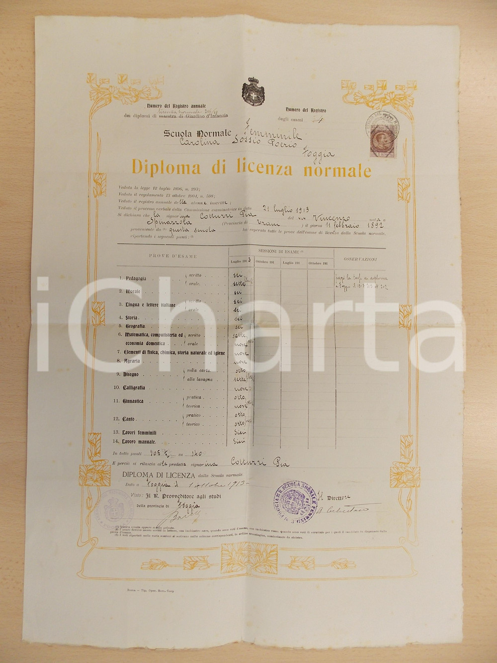 Oggetto da collezione cartaceo 1913 FOGGIA Diploma di licenza elementare per Pia COTTURRI 37x 34 cm 1