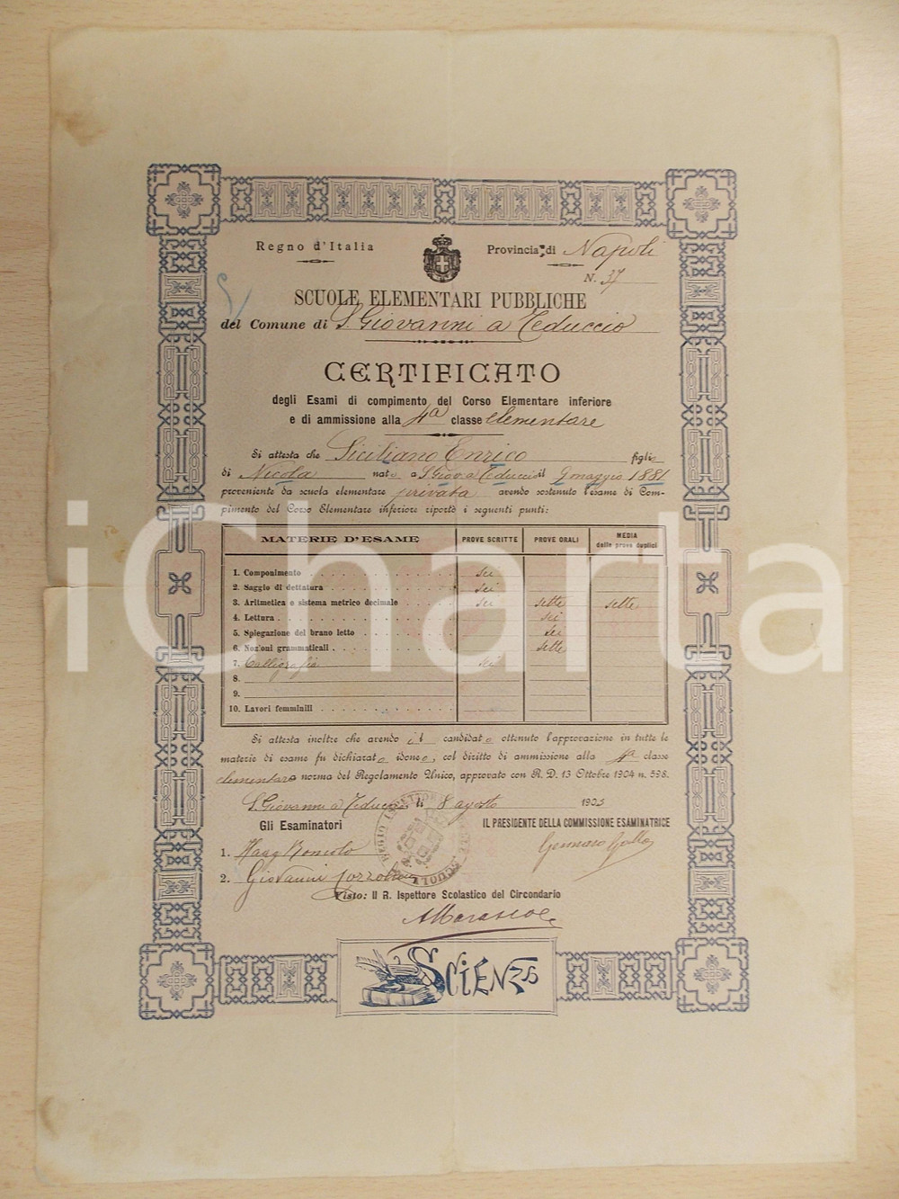 Oggetto da collezione cartaceo 1905 SAN GIOVANNI A TEDUCCIO NA Licenza elementare per Enrico SICILIANO 1