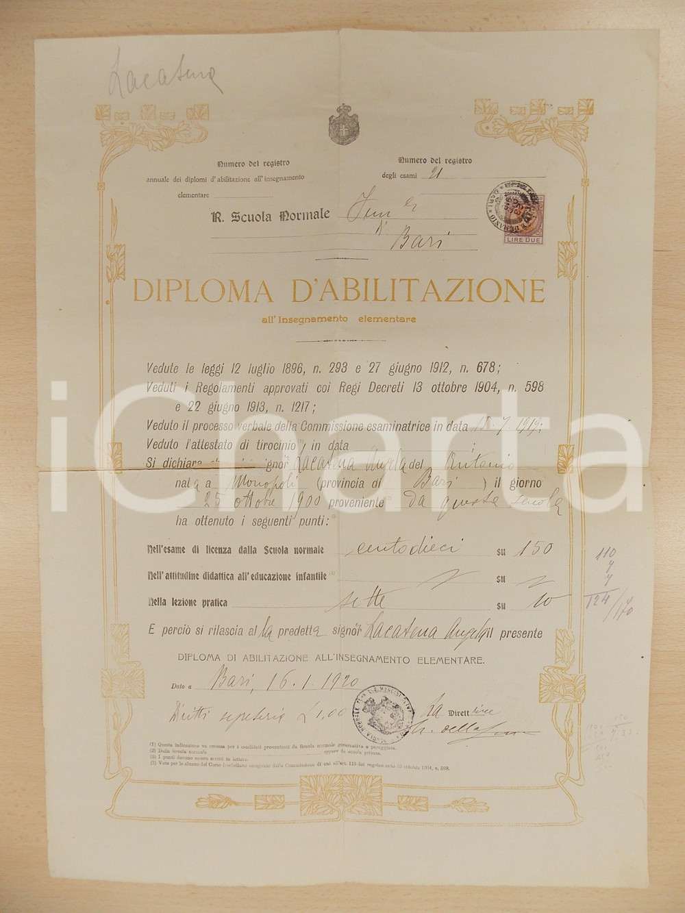 Oggetto da collezione cartaceo 1920 BARI Abilitazione all insegnamento elementare Angela LACATENA DANNEGGIATO 1