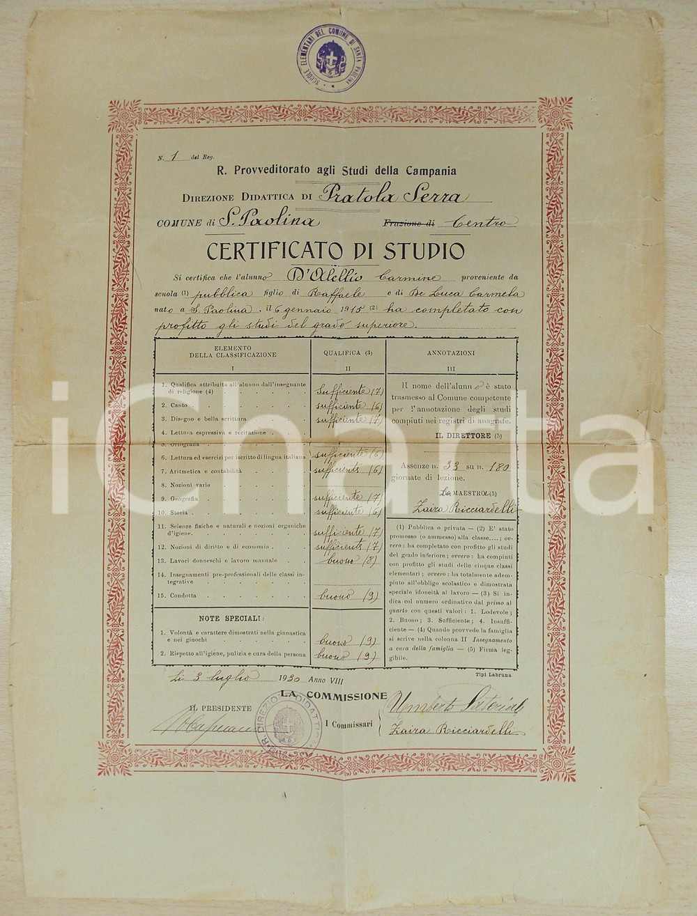 Oggetto da collezione cartaceo 1930 SANTA PAOLINA AV Diploma studi superiori Carmine D ALELLIO DANNEGGIATO 1