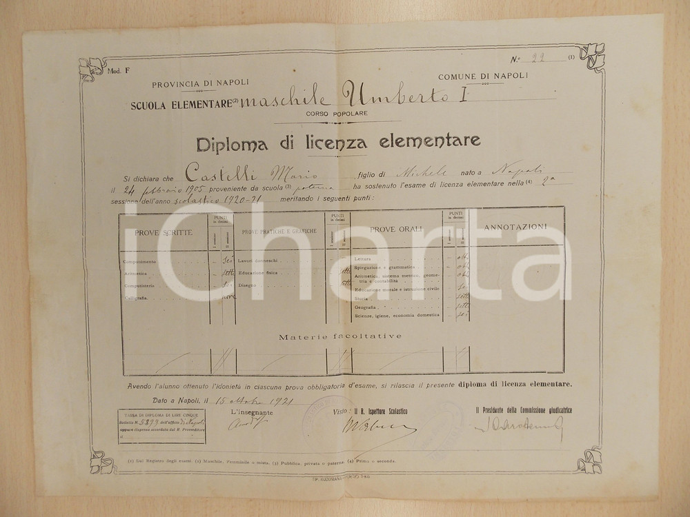Oggetto da collezione cartaceo 1921 NAPOLI Scuola Elementare UMBERTO I Licenza per Mario CASTELLI 1