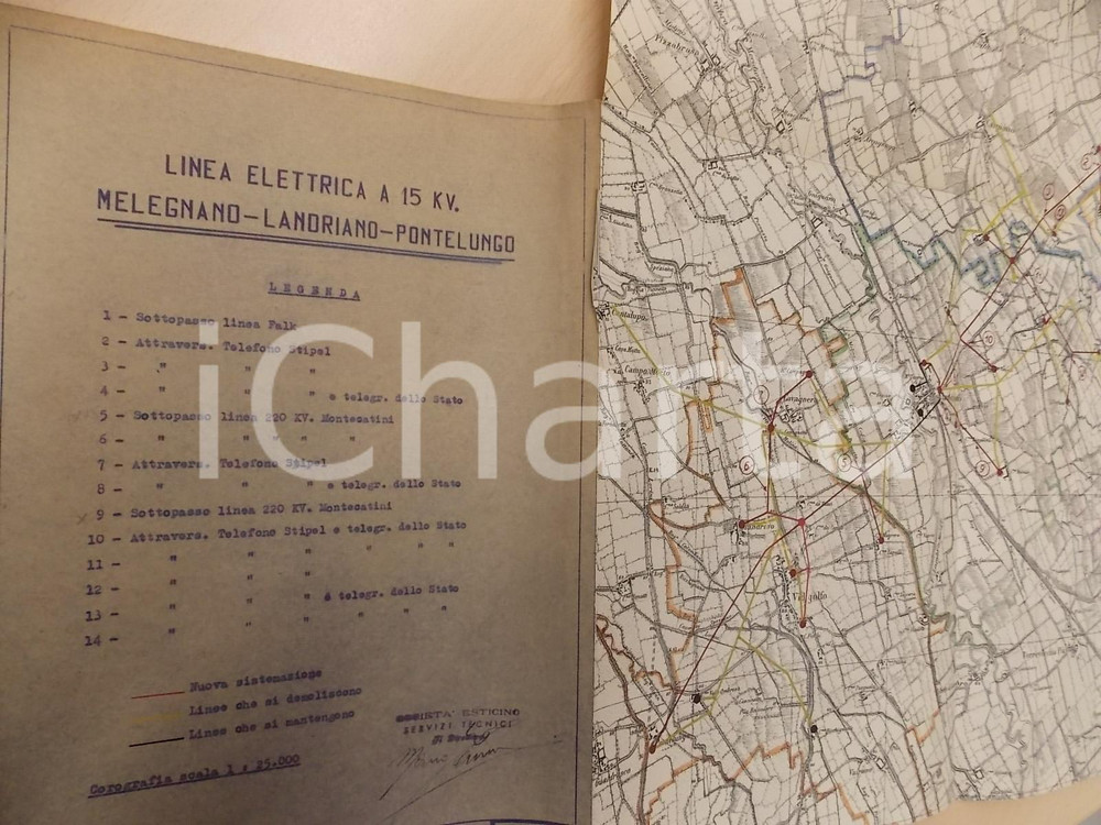 Mappa, planimetria storica 1945 ca Società ESTICINO  Linea elettrica MELEGNANOLANDRIANOPONTELUNGO 1