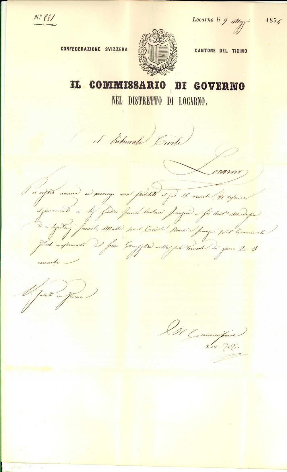 1854 LOCARNO (CH) Lettera del Commissario di Governo sulle nomine *Prefilatelica