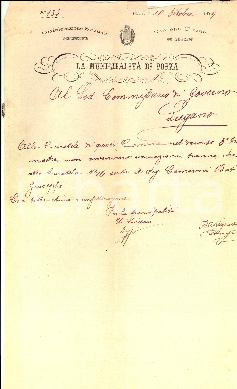 Manoscritto, lettera originale 1879 PORZA CH Lettera sulle curatele del territorio Prefilatelica 1