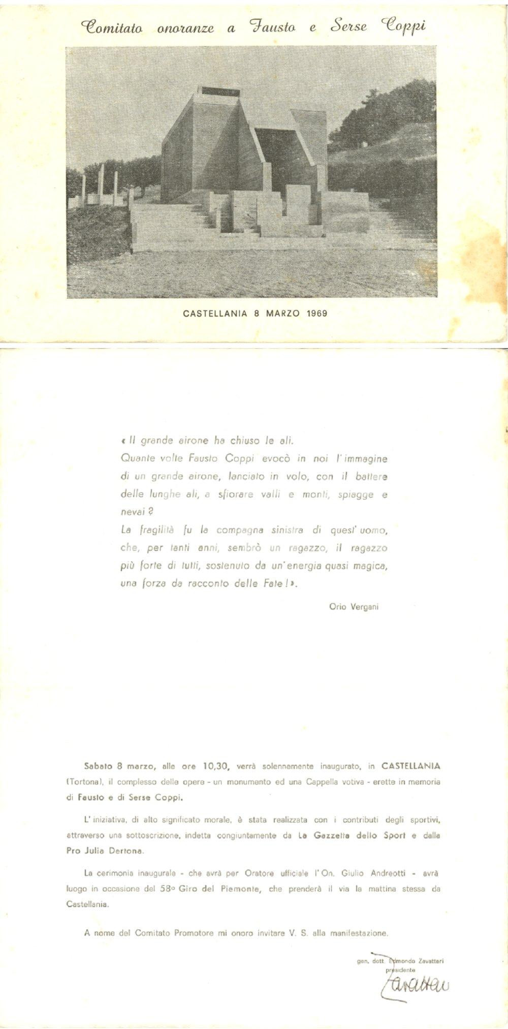 Oggetto da collezione cartaceo 1969 CASTELLANIA AL Inaugurazione monumento a Fausto COPPI Edmondo ZAVATTARI 1