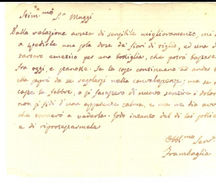 Manoscritto, lettera originale 1800 ca ALESSANDRIA ? Cura medico FRAMBAGLIA con tartaro emetico e tiglio 1