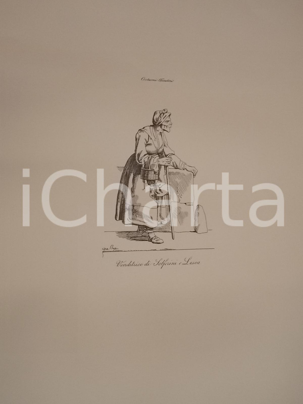 Stampa, bozzetto originale 1950 ca Eugenio BOSA COSTUMI TRIESTINI Venditrice di solferini e lesca Stampa 1