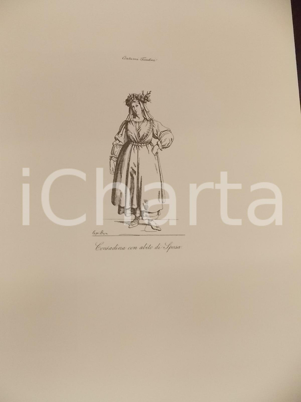 Stampa, bozzetto originale 1950 ca Eugenio BOSA COSTUMI TRIESTINI Contadina con abito di sposa Stampa 1