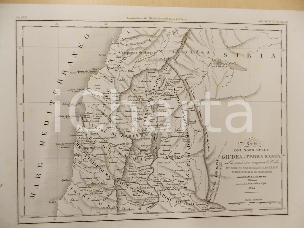 Stampa, bozzetto originale 1834 MILANO A. R. FREMIN Carta nord GIUDEA o TERRA SANTA Stampa 38x26 cm 1