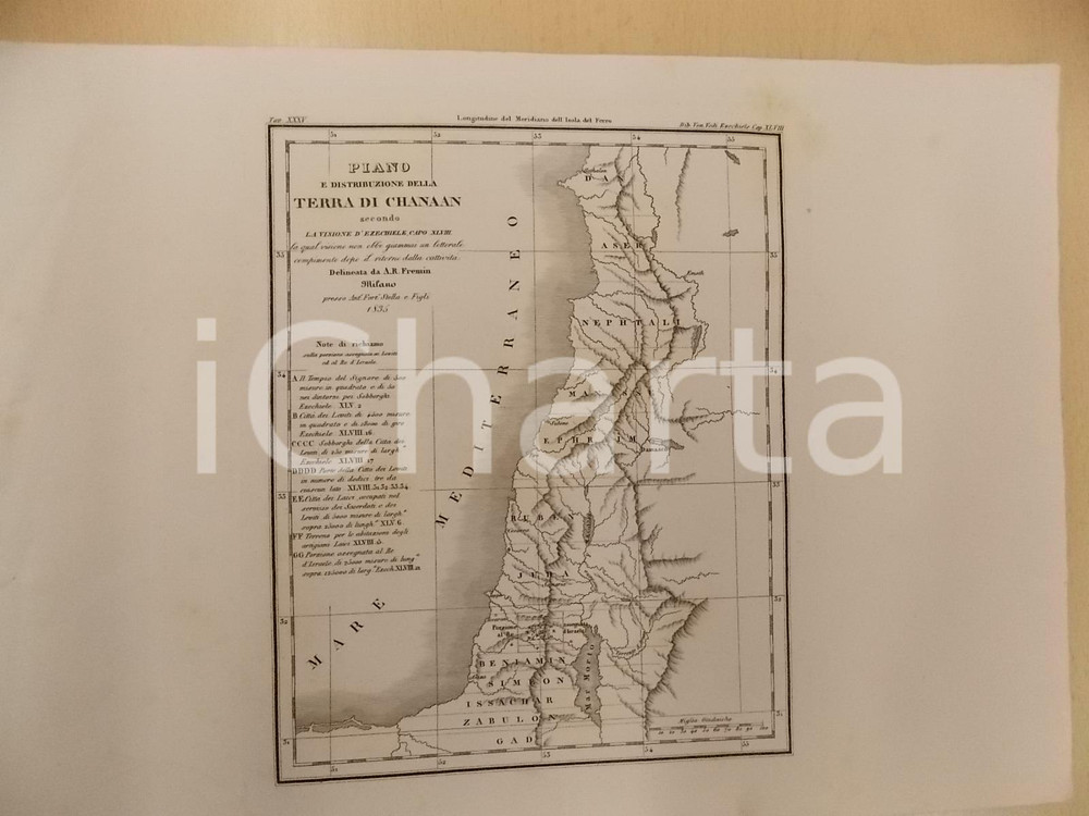Stampa, bozzetto originale 1835 MILANO A. R. FREMIN Piano della terra di CHANAAN Stampa 38x26 cm 1