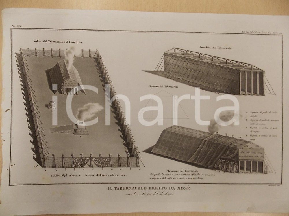 Stampa, bozzetto originale 1850 ca SACRA BIBBIA P. LAMI Il tabernacolo eretto da MosÃ¨ Stampa 38x26 cm 1