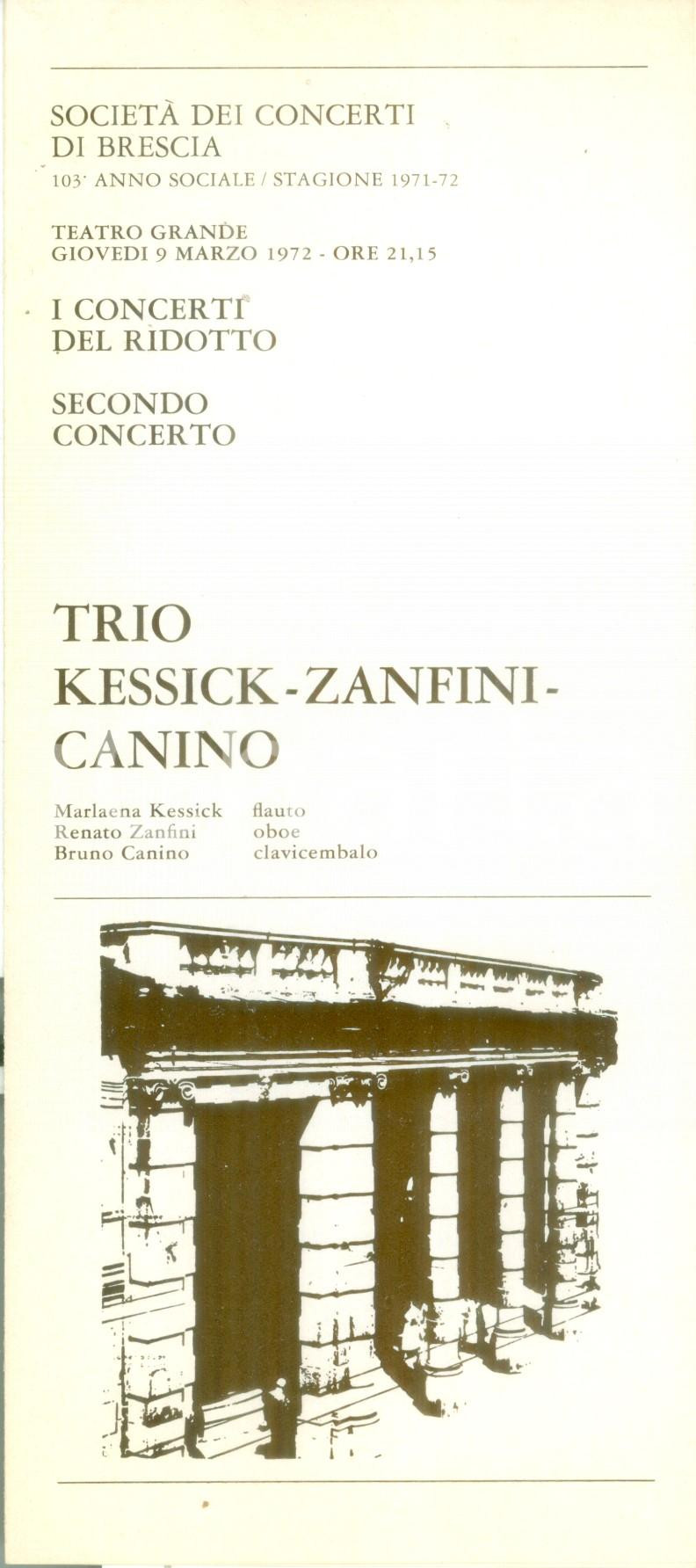 Materiale pubblicitario d’epoca 1972 BRESCIA SocietÃ  dei Concerti Trio KESSICK  ZANFINI  CANINO Opuscolo 1