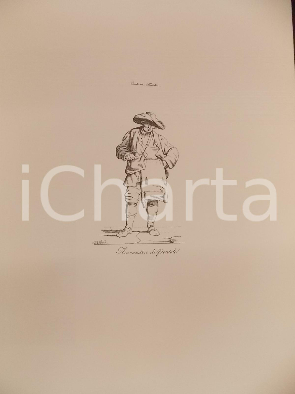 1950 ca Eugenio BOSA COSTUMI TRIESTINI Acconciatore di pentole *Stampa 32x44 cm Ristampa della serie di Eugenio Bosa del 1830, a opera dello "Studio Editoriale Insubria". CONDIZIONI: FAIR     originale e autentica 1