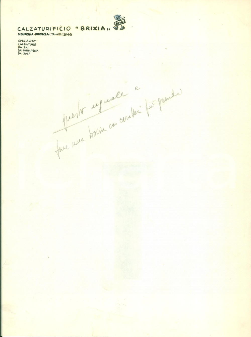 Materiale pubblicitario d’epoca 1950 ca BRESCIA SANT EUFEMIA Calzaturificio BRIXIA Prova stampa carta intestata 1