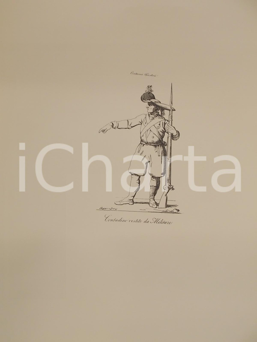 Stampa, bozzetto originale 1950 ca Eugenio BOSA COSTUMI TRIESTINI Contadino vestito da militare Stampa 1