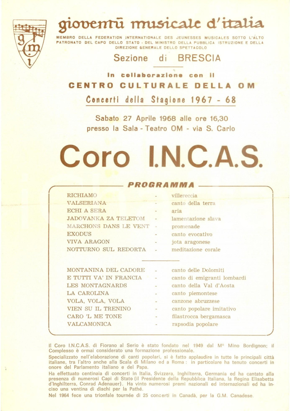 Materiale pubblicitario d’epoca 1967 BRESCIA Gioventù Musicale d ITALIA Coro I.N.C.A.S. Volantino con programma 1