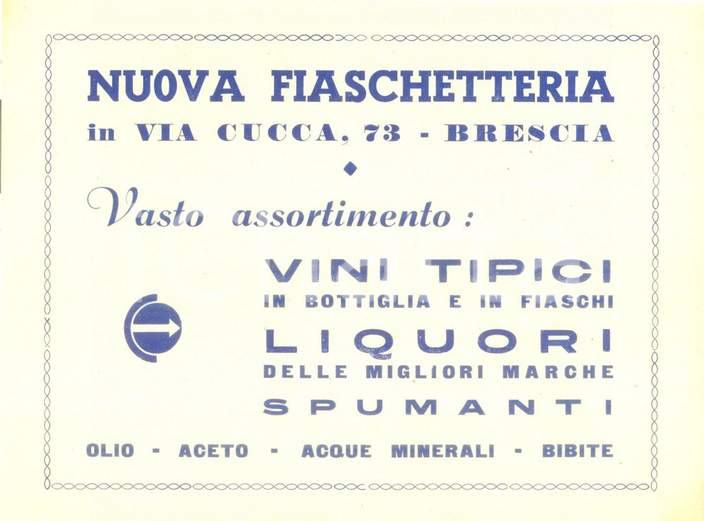 Materiale pubblicitario d’epoca 1950 ca BRESCIA Nuova fiaschetteria Vini tipici liquori Volantino pubblicitario 1