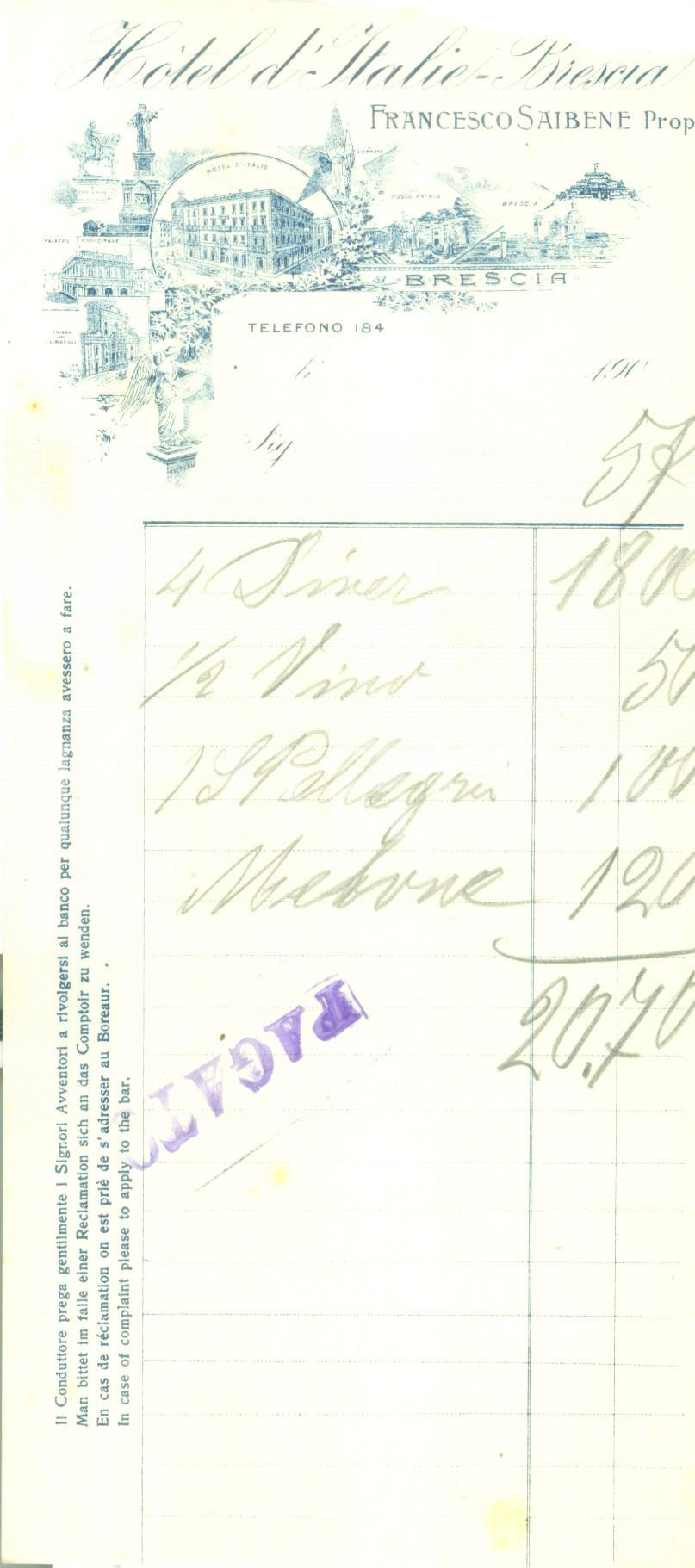 Materiale pubblicitario d’epoca 1940 ca BRESCIA Hotel d ITALIA di Francesco SAIBENE Ricevuta DANNEGGIATA 1