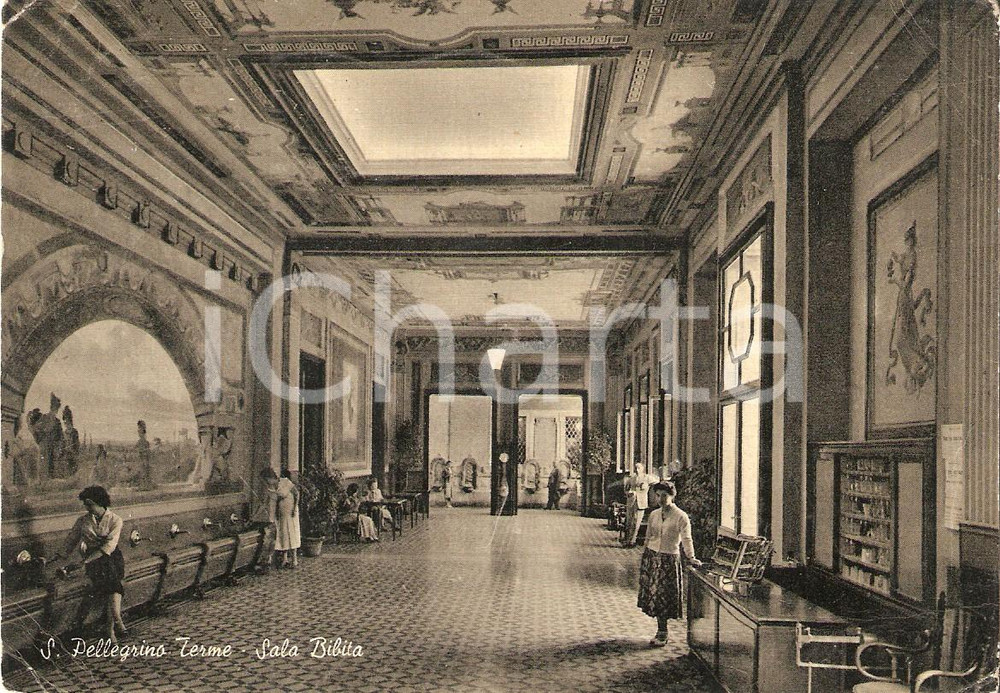 Cartolina originale da collezione 1957 SAN PELLEGRINO TERME BG Sala Bibita con ospiti Cartolina FG VG 1