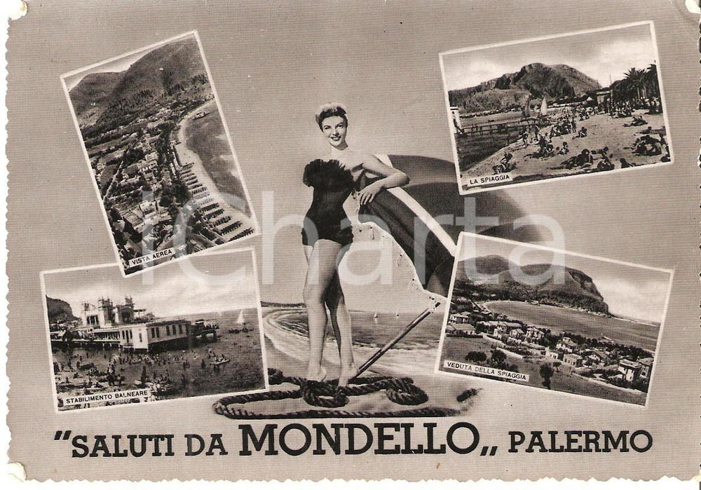 Cartolina originale da collezione 1956 MONDELLO PA Pinup sulla spiaggia Vedutine del lido Cartolina FG VG 1