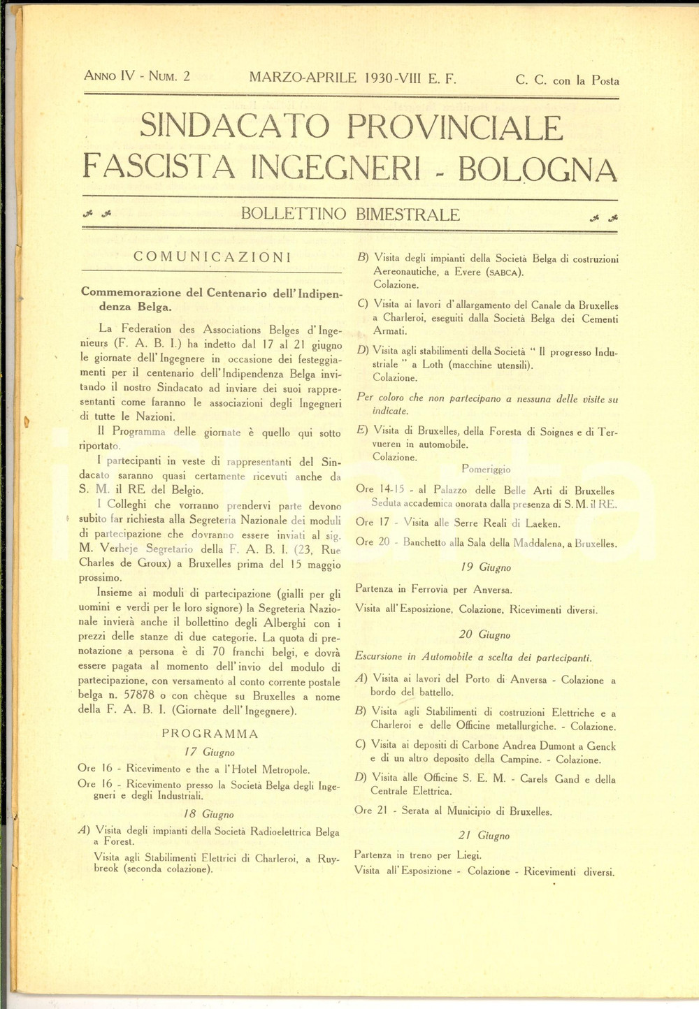 Libro, pubblicazione d epoca 1930 BOLOGNA Sindacato Provinciale Fascista Ingegneri Costruzioni Ferroviarie 1