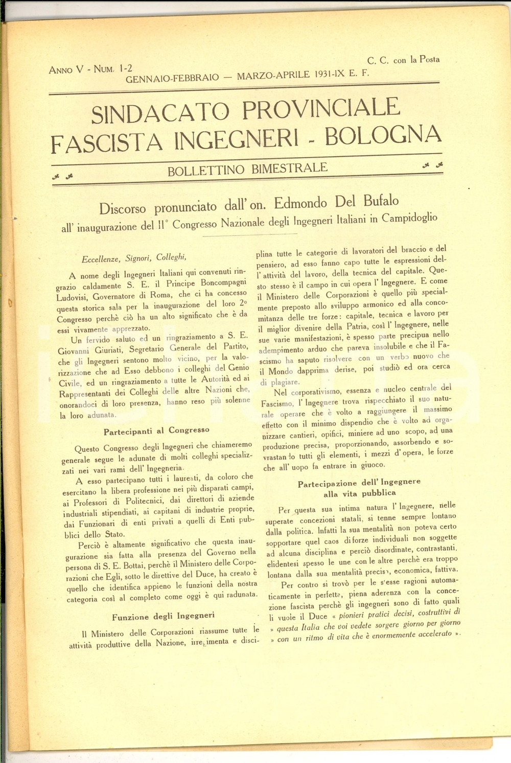 Libro, pubblicazione d epoca 1931 BOLOGNA Sindacato Provinciale Fascista Ingegneri Congresso in CAMPIDOGLIO 1