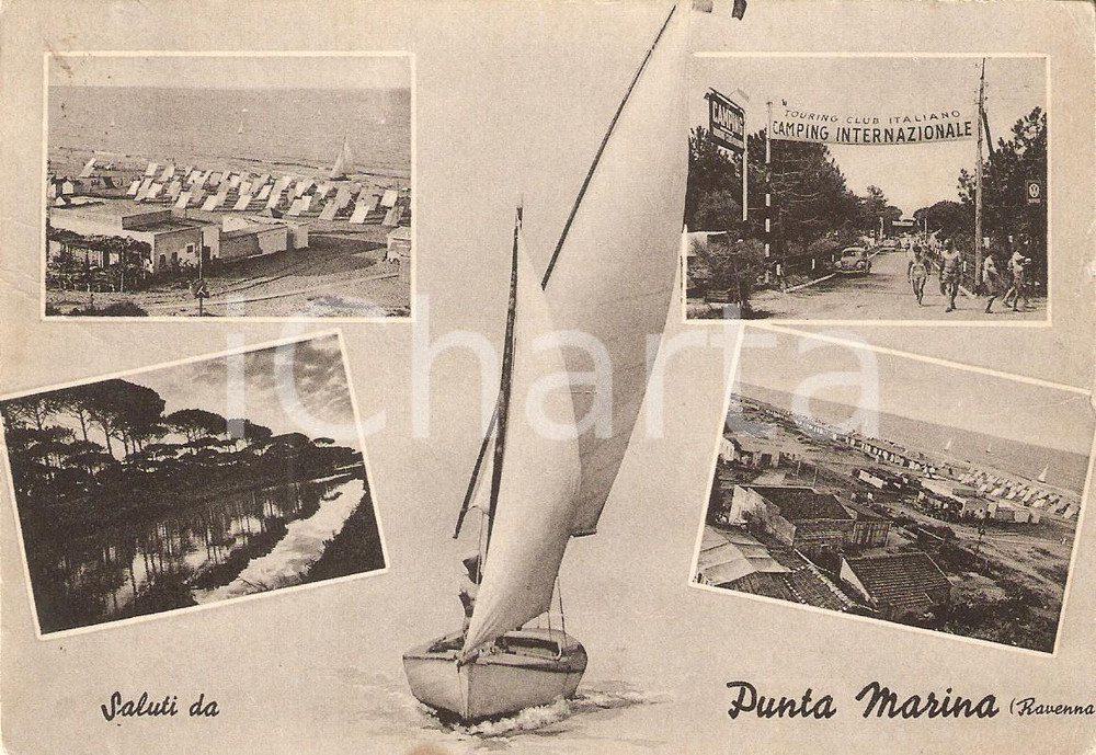 Cartolina originale da collezione 1952 RAVENNA Frazione PUNTA MARINA TERME Vedutine Barca a vela Cartolina FG NV 1