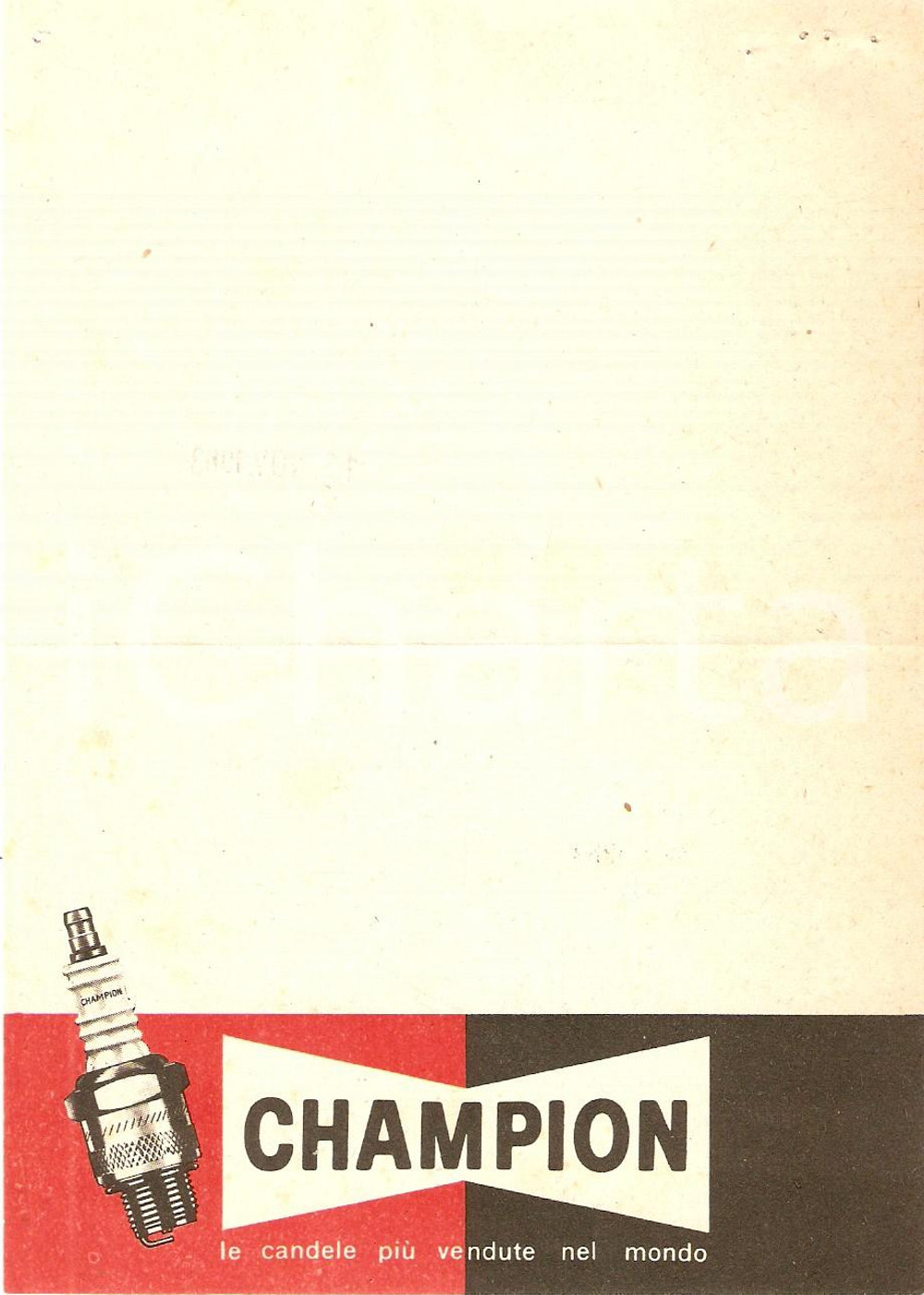 Materiale pubblicitario d’epoca 1965 ca PUBBLICITA  Candele di accensione CHAMPION Ricevuta ILLUSTRATA 11x16 cm 1