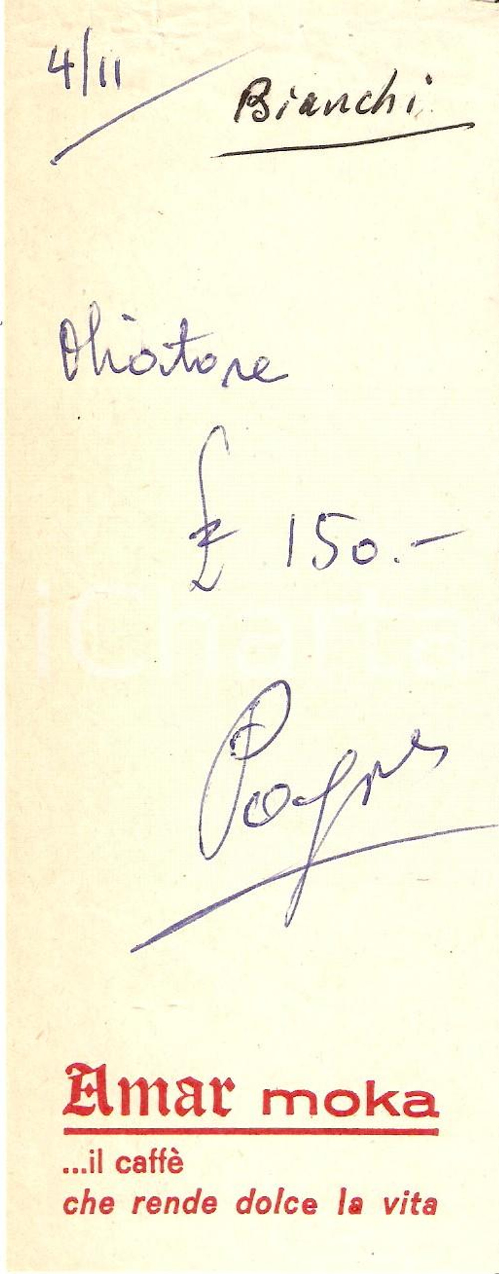 Materiale pubblicitario d’epoca 1965 ca AMAR MOKA Caffè Ricevuta pubblicitaria 6x16 cm 2 1