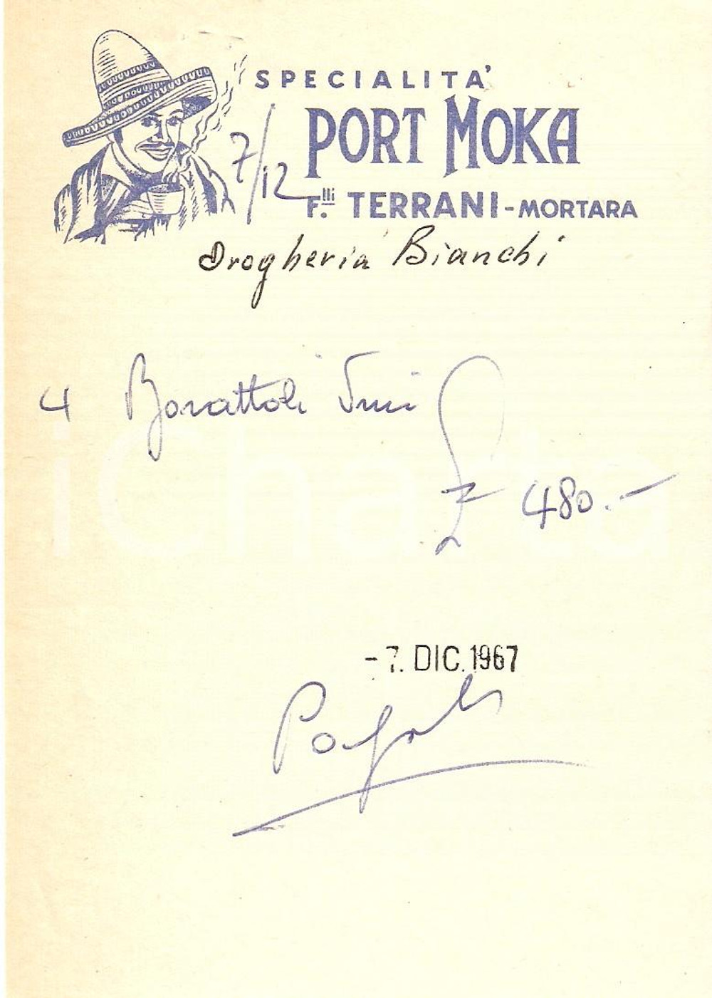 Materiale pubblicitario d’epoca 1967 MORTARA PV Ditta Fratelli TERRANI Caffè PORT MOKA Ricevuta 10x14 cm 1