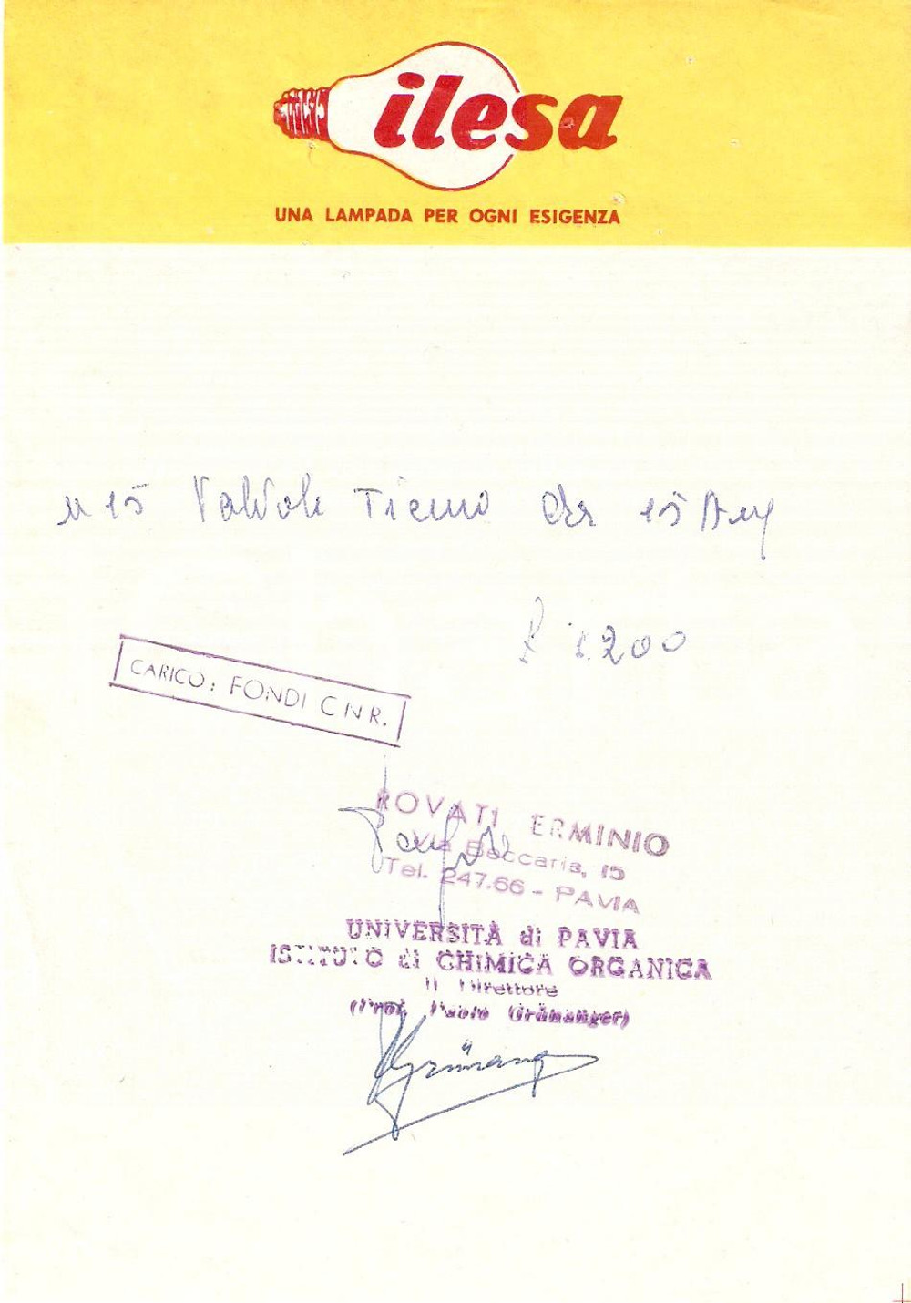 Materiale pubblicitario d’epoca 1965 ca PAVIA Elettricista Erminio ROVATI Lampadine ILESA Ricevuta 3 1