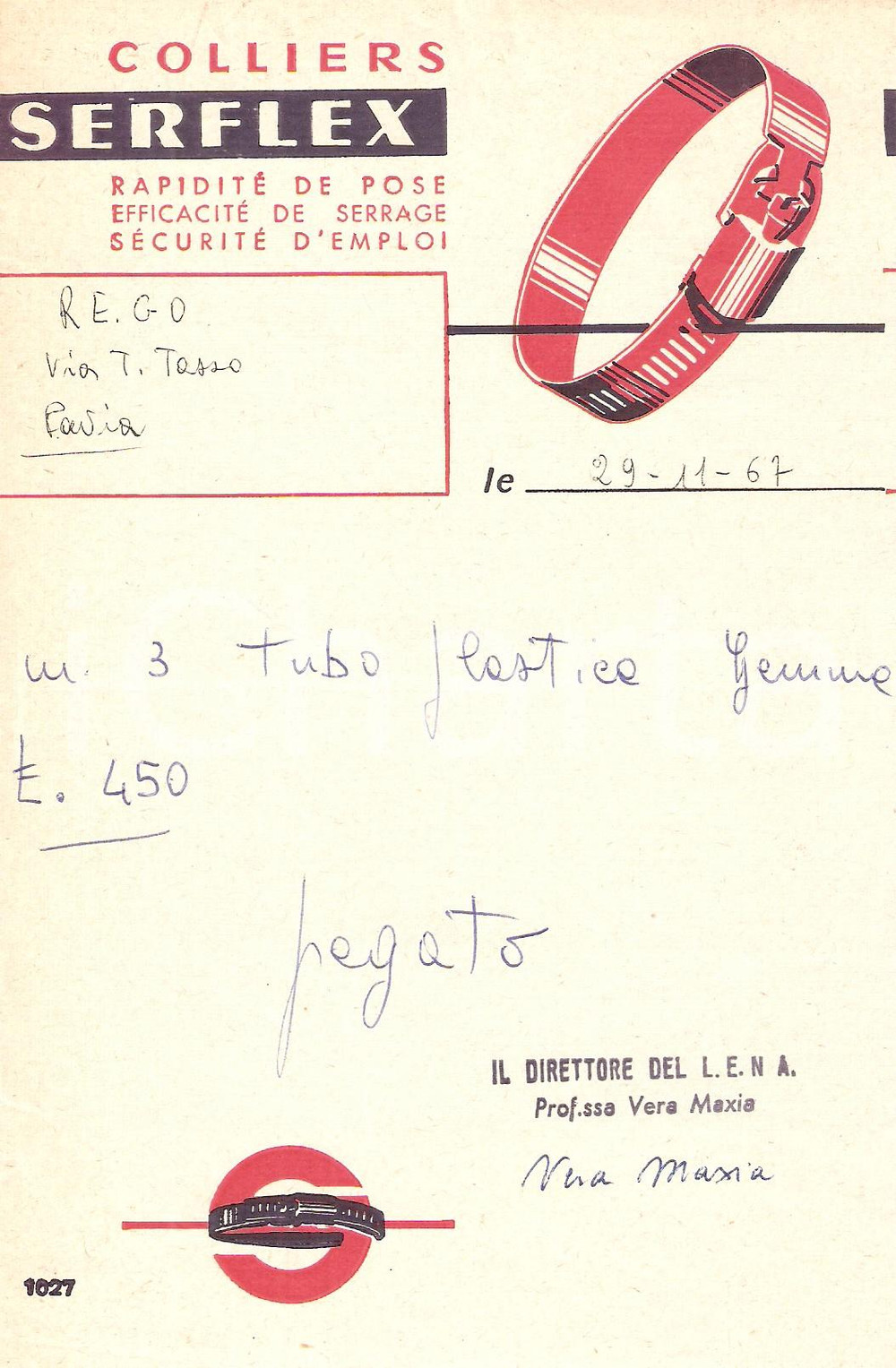 Materiale pubblicitario d’epoca 1967 PAVIA Ditta REGO Morsetti SERFLEX Colliers de serrage Ricevuta 12x17 cm 1