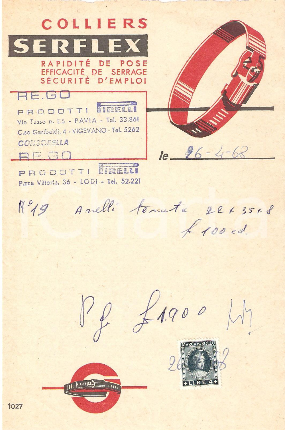 Materiale pubblicitario d’epoca 1968 PAVIA Ditta REGO Morsetti SERFLEX Colliers de serrage Ricevuta 12x17 cm 1
