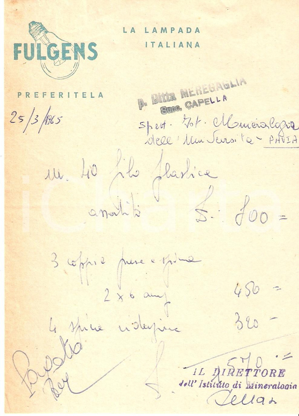 Materiale pubblicitario d’epoca 1965 PUBBLICITA  Lampadine FULGENS Ricevuta ILLUSTRATA 12x17 cm 1