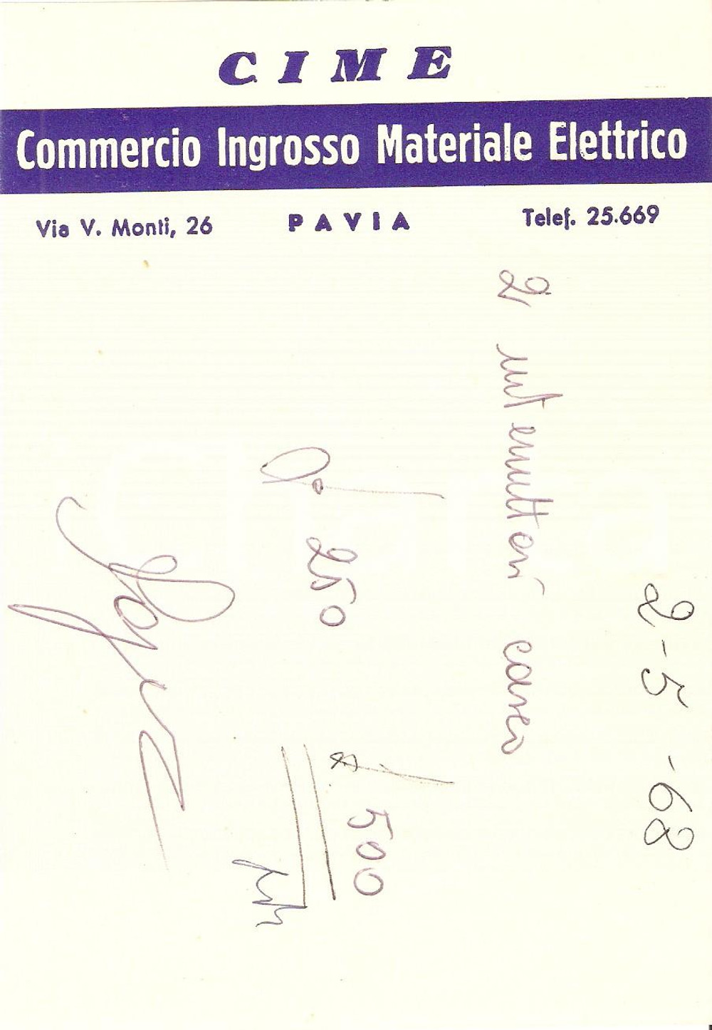 Materiale pubblicitario d’epoca 1968 PAVIA Ditta CIME Commercio Ingrosso Materiale Elettrico Ricevuta 11x16 cm 1