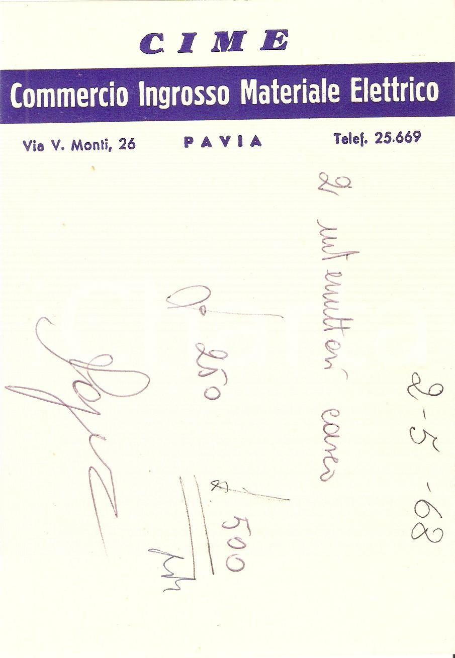 Materiale pubblicitario d’epoca 1968 PAVIA Ditta CIME Commercio Ingrosso Materiale Elettrico Ricevuta 11x16 cm 1