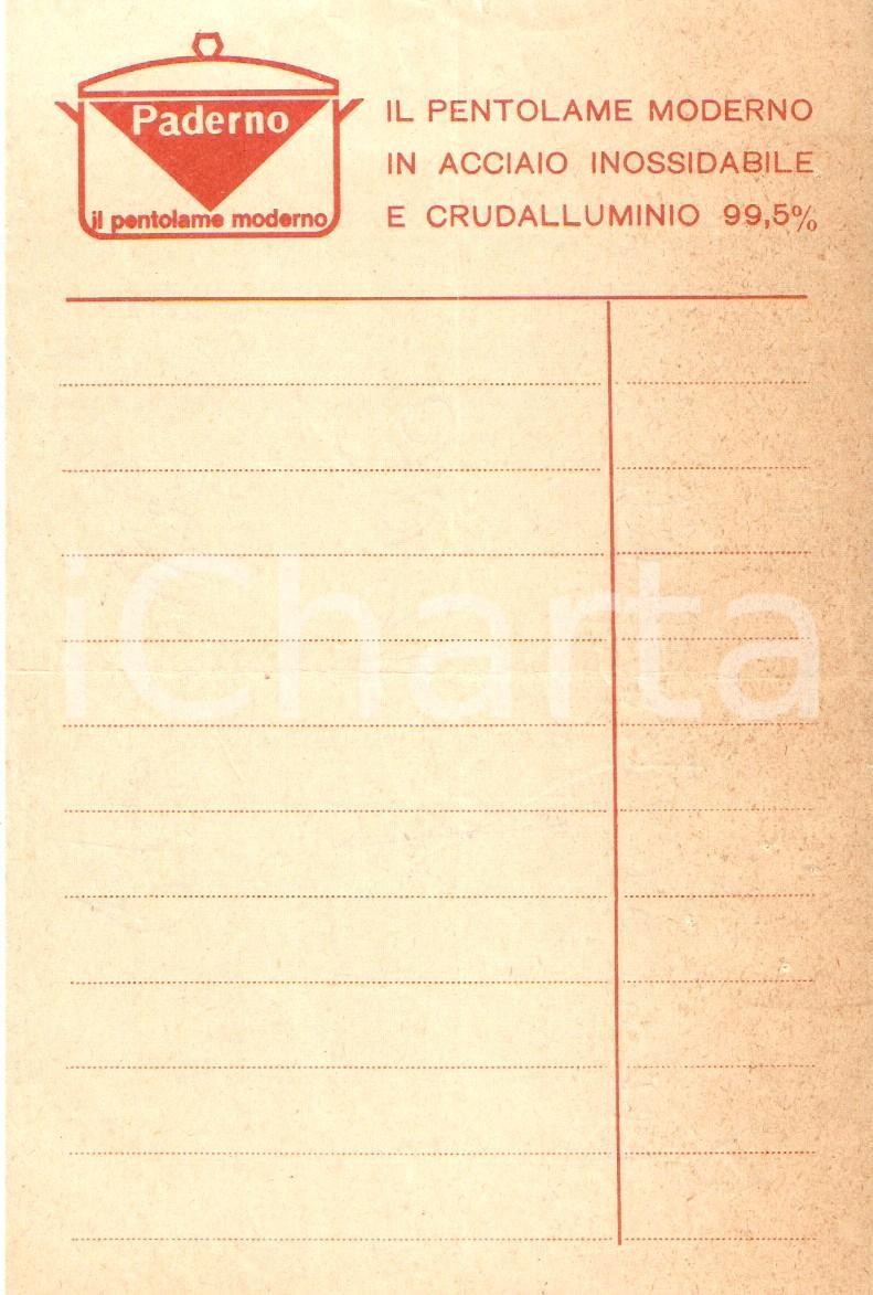 Materiale pubblicitario d’epoca 1969 PAVIA Pentole PADERNO Acciaio inossidabile Crudalluminio Ricevuta 10x15 cm 1