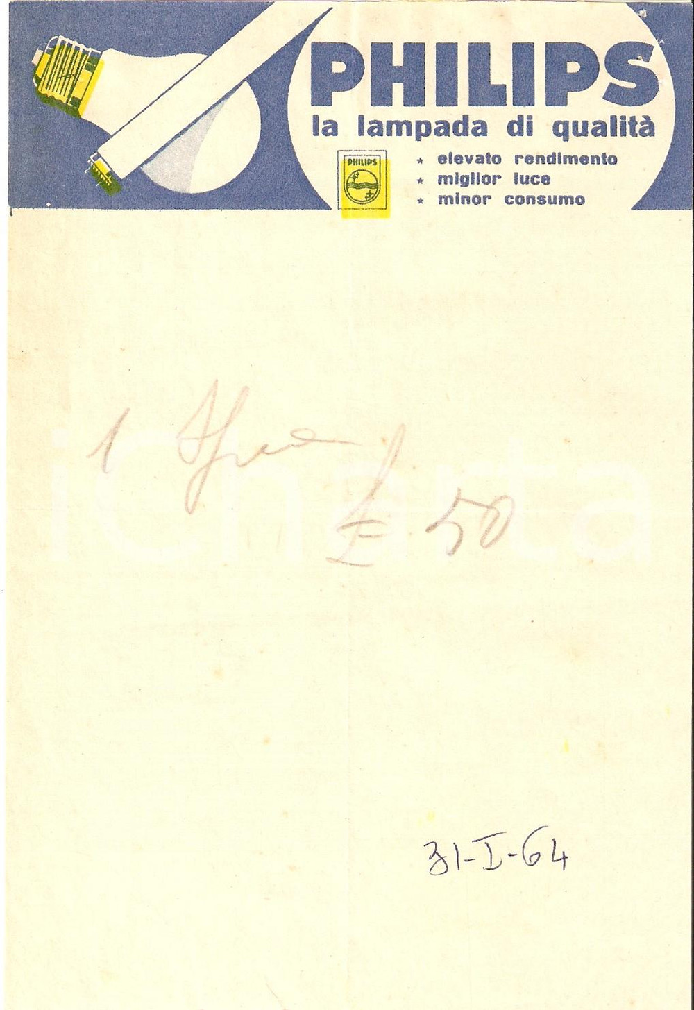 Materiale pubblicitario d’epoca 1964 PUBBLICITA  Lampadine PHILIPS Ricevuta ILLUSTRATA 12x19 cm 1