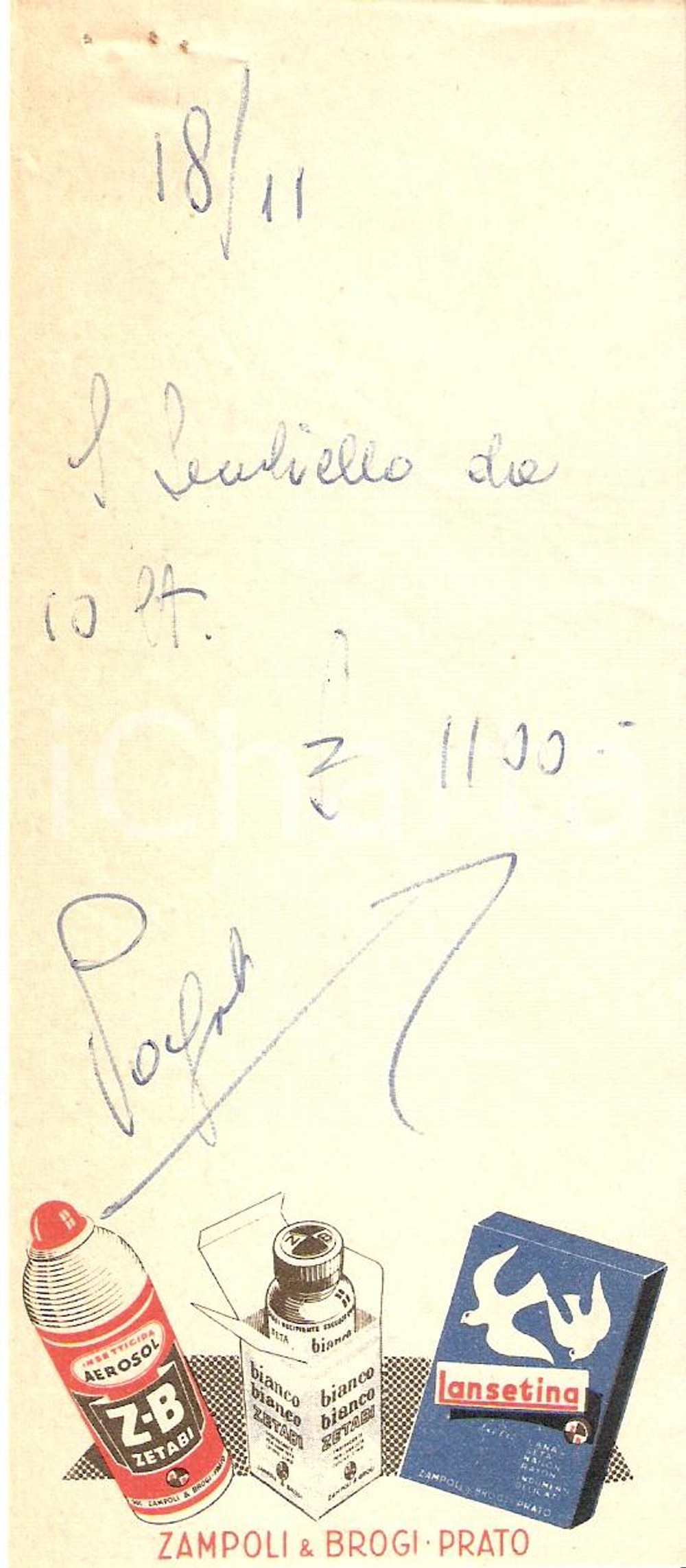 Materiale pubblicitario d’epoca 1965 ca PRATO Ditta ZAMPOLI & BROGI Insetticida ZETABI Lansetina Ricevuta 7x16 1