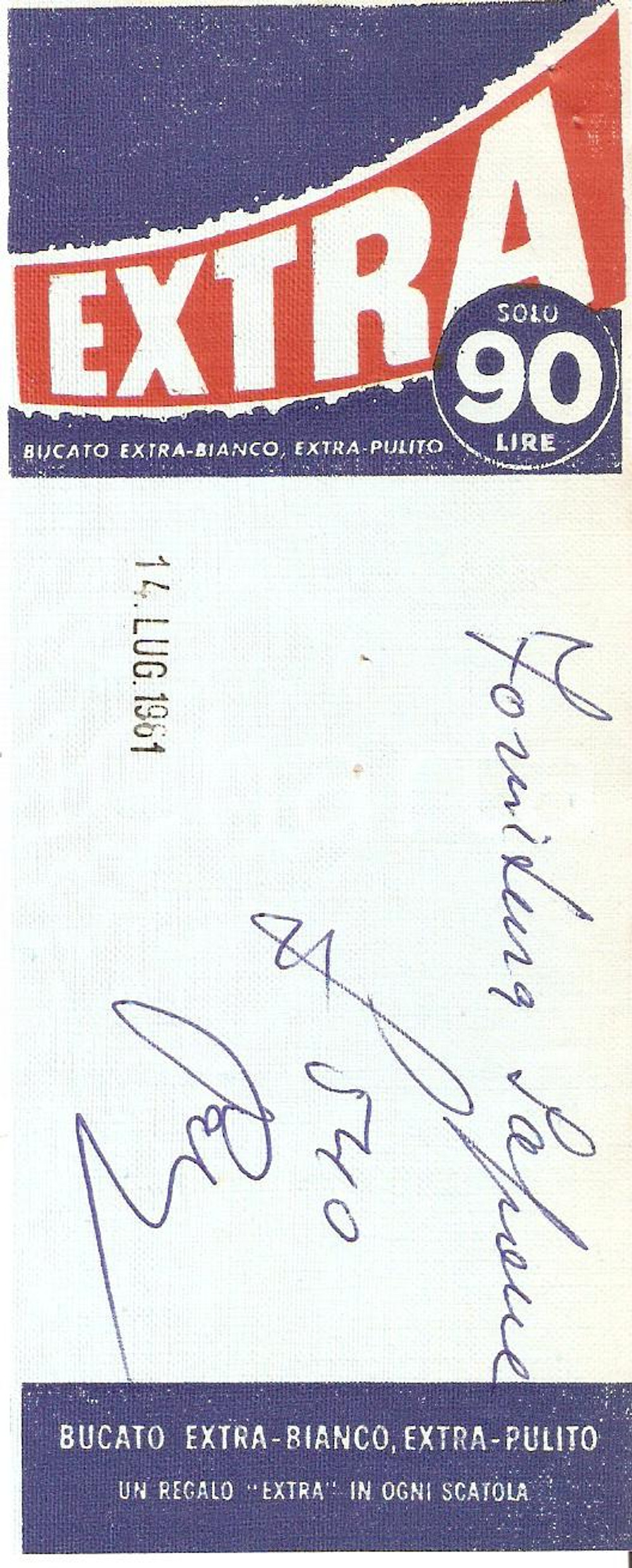 Materiale pubblicitario d’epoca 1961 PUBBLICITA  Detersivo EXTRA Ricevuta 6x16 cm 1