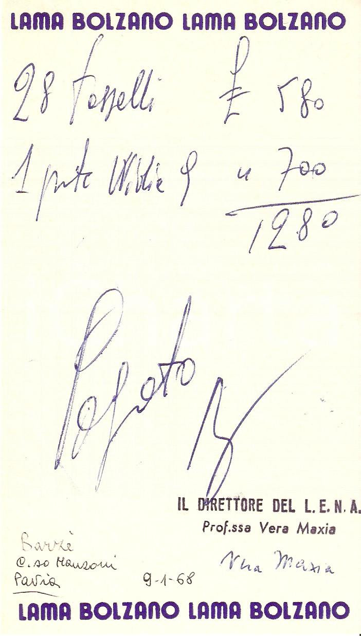 Materiale pubblicitario d’epoca 1968 PAVIA Drogheria Mario BARZE  Lamette da barba BOLZANO Ricevuta 9x15 cm 1