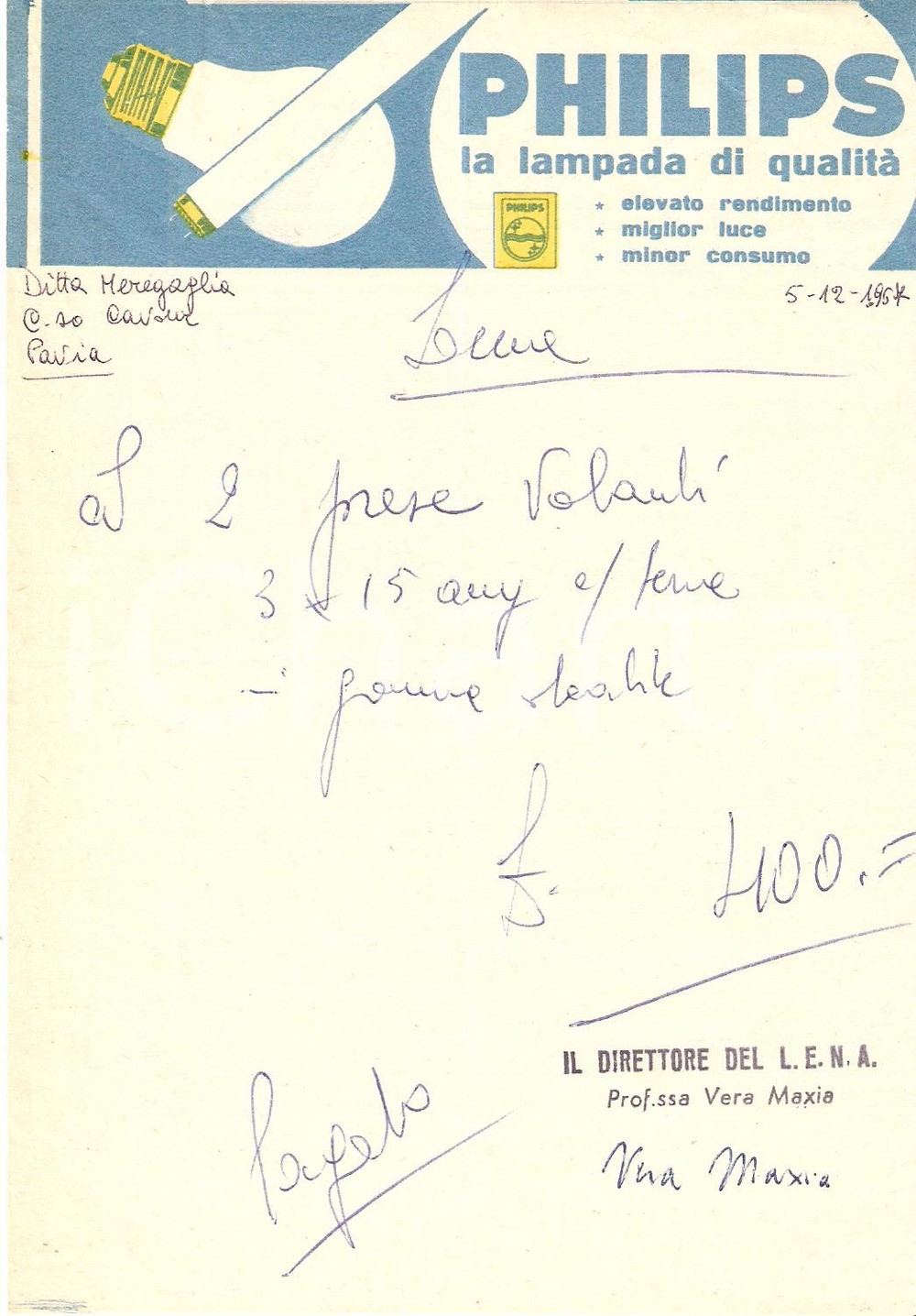 Materiale pubblicitario d’epoca 1967 PUBBLICITA  Lampadine PHILIPS Ricevuta ILLUSTRATA 12x19 cm 1