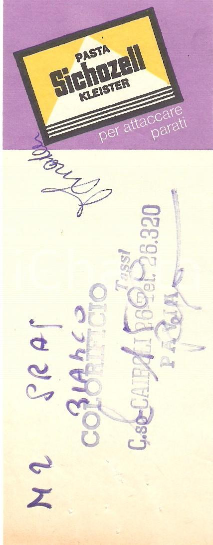 Materiale pubblicitario d’epoca 1965 ca PAVIA Colorificio TASSI Colla da parati SICHOZELL Ricevuta 5x14 cm 1