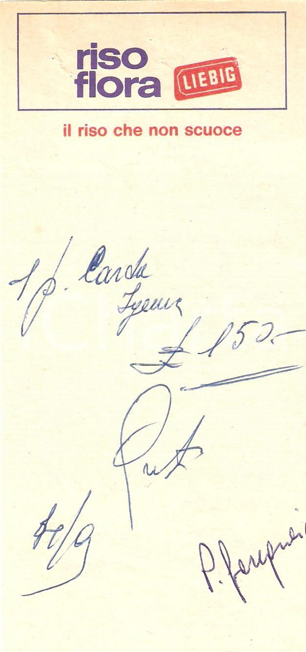 Materiale pubblicitario d’epoca 1965 ca LIEBIG Riso che non scuoce FLORA Ricevuta 8x17 cm 1