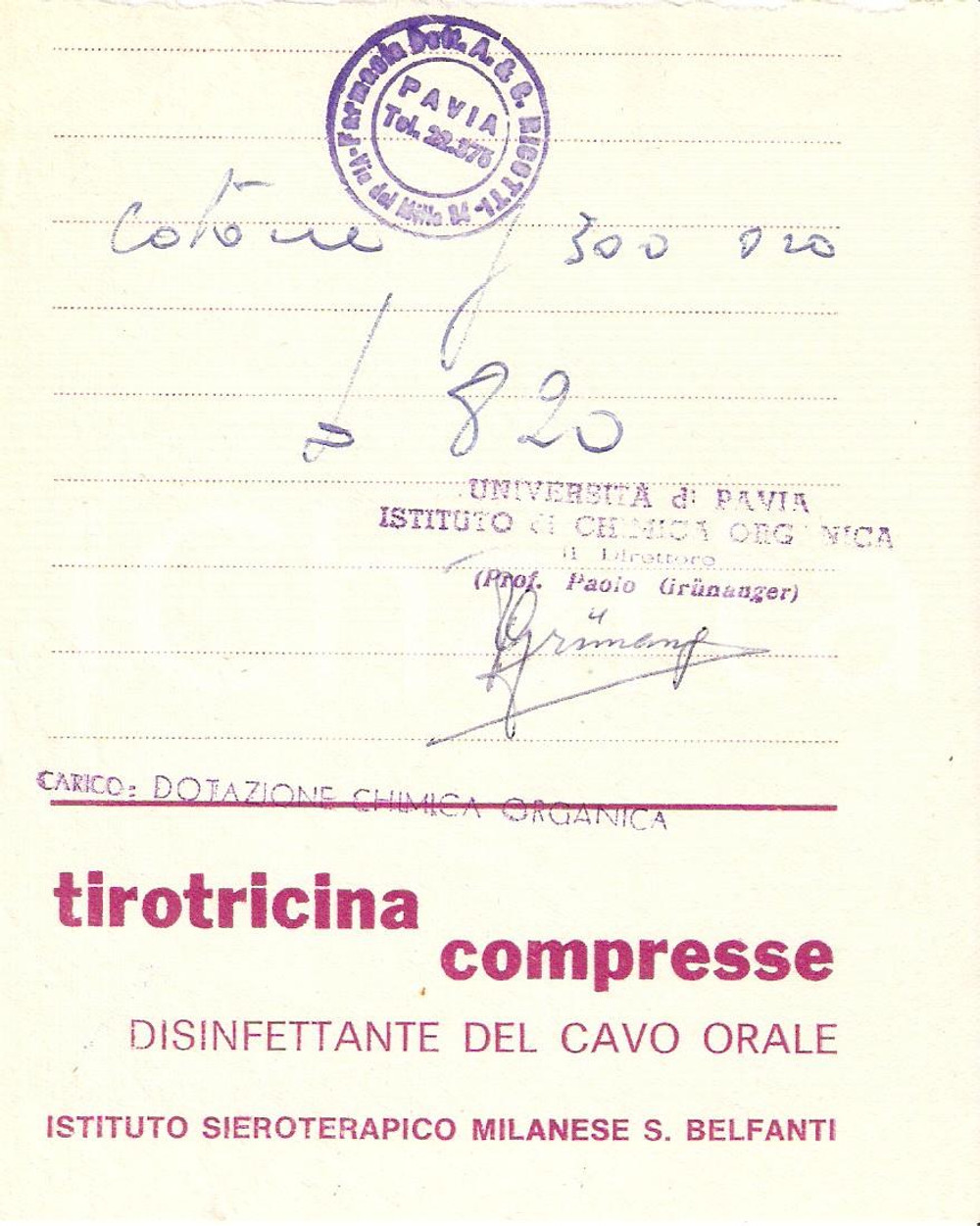 Materiale pubblicitario d’epoca 1965 MILANO Istituto Sieroterapico BELFANTI Compresse TIROTRICINA Ricevuta 11x14 1